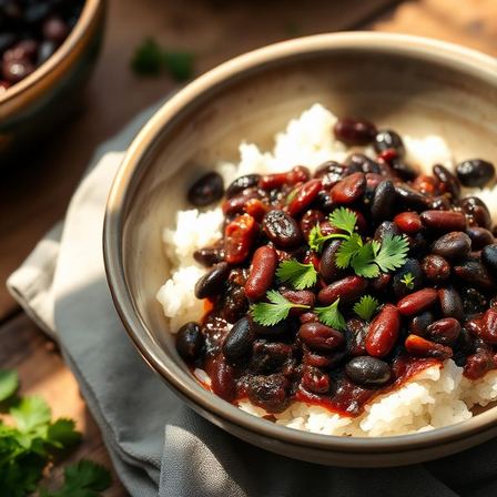 Bowl of slow-simmered black beans over white rice with sofrito — Black Beans & Rice at Two Sisters Kitchen, Flint MI