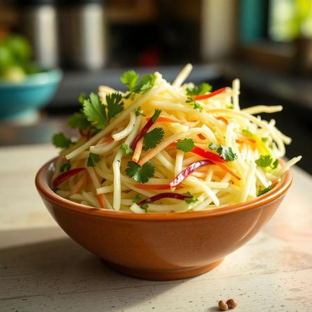 Fresh cabbage slaw with lime and cilantro in a small bowl — House Slaw at Two Sisters Kitchen, Flint MI