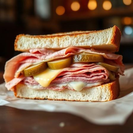Pressed melt on soft egg bread with ham, roast pork, swiss, mustard and pickles — Midnight Melt at Two Sisters Kitchen, Flint MI