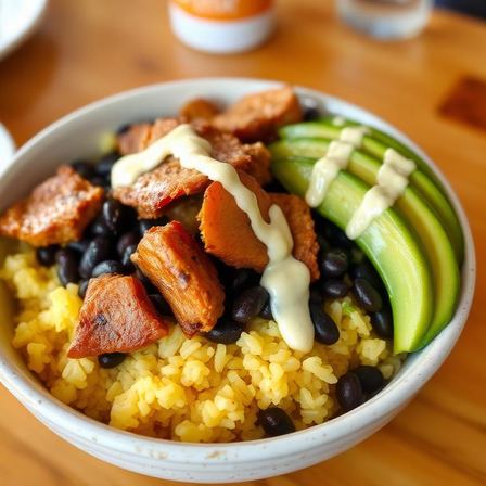 Bowl of yellow rice and black beans with roast pork, sweet maduros, avocado and garlic crema — Mojo Bowl at Two Sisters Kitchen, Flint MI