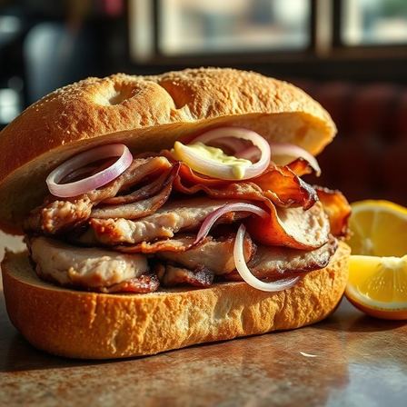Roast mojo pork sandwich with garlic butter and raw onion on a crusty roll — Pan con Lechón at Two Sisters Kitchen, Flint MI