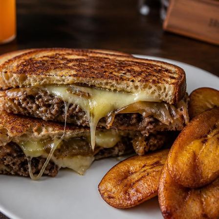 Griddled sourdough patty melt with swiss, caramelized onions and sweet maduros plantains — Plantain Patty Melt at Two Sisters Kitchen, Flint MI