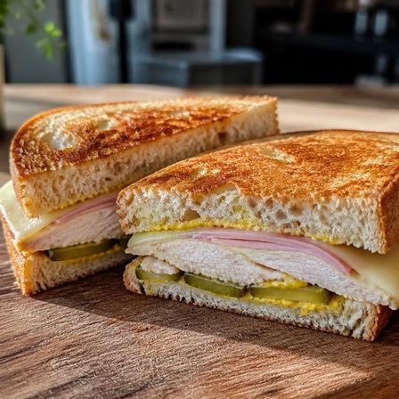 Pressed citrus-marinated chicken sandwich with ham, swiss and dill pickles on crusty bread, cut in half — Pressed Citrus Chicken at Two Sisters Kitchen, Flint MI