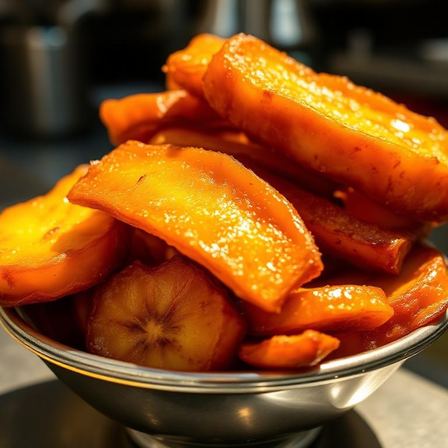 Fried sweet plantains caramelized at the edges, served in a basket — Sweet Maduros at Two Sisters Kitchen, Flint MI