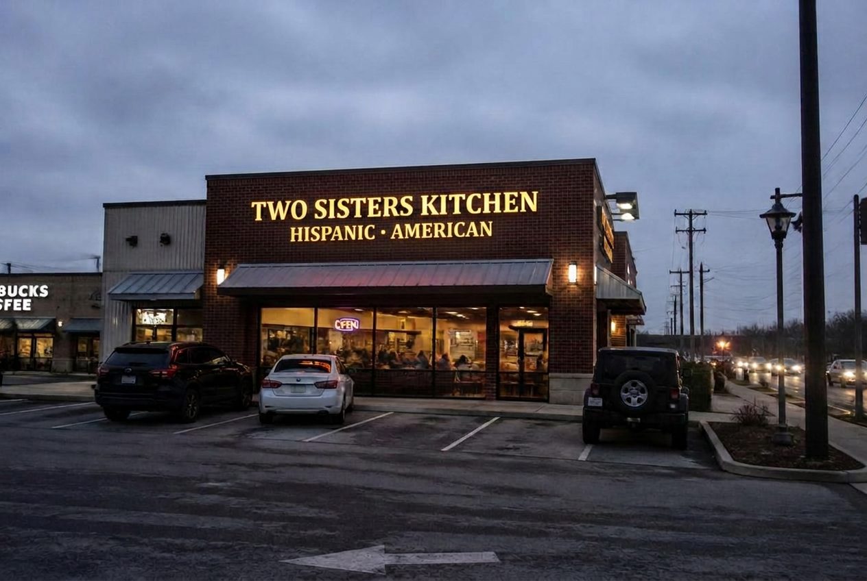 Two Sisters Kitchen storefront and lit sign at 3018 Corunna Rd in Flint, Michigan at dusk