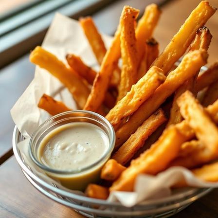 Crispy golden yuca fries with a side of mojo dipping sauce — Yuca Fries at Two Sisters Kitchen, Flint MI
